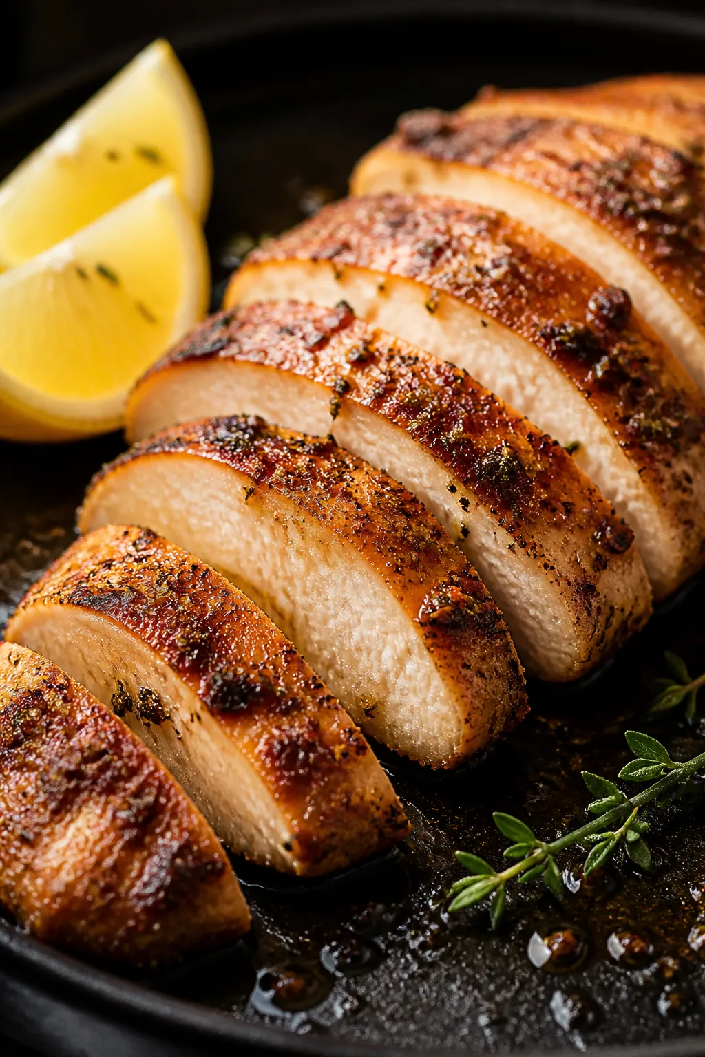 Close-up detail: Sliced lemon-herb Greek chicken breast just off the skillet, golden sear with subtl