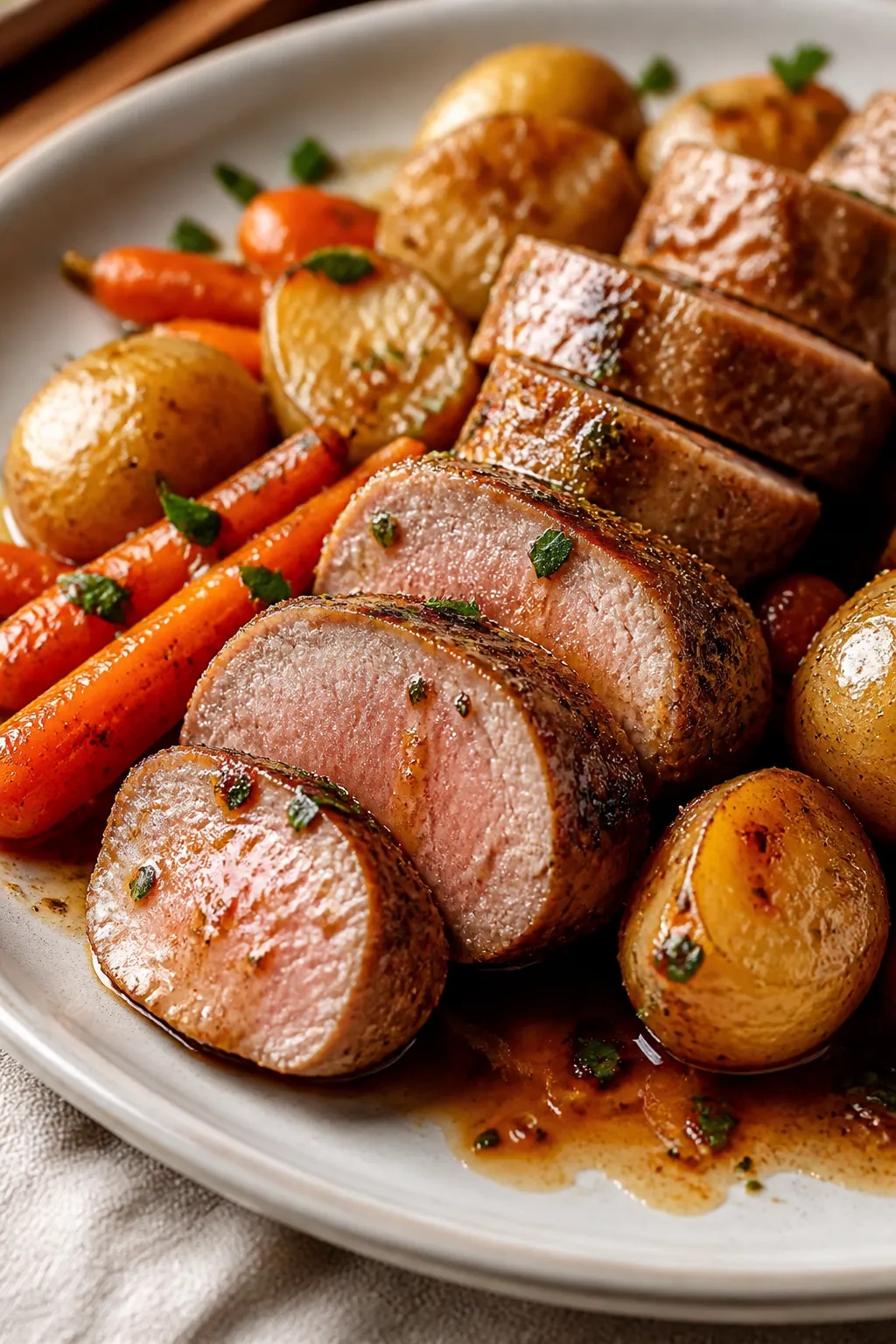 Close-up detail: Sliced pork tenderloin medallions cooked to 145°F, showing a blush-pink, juicy int
