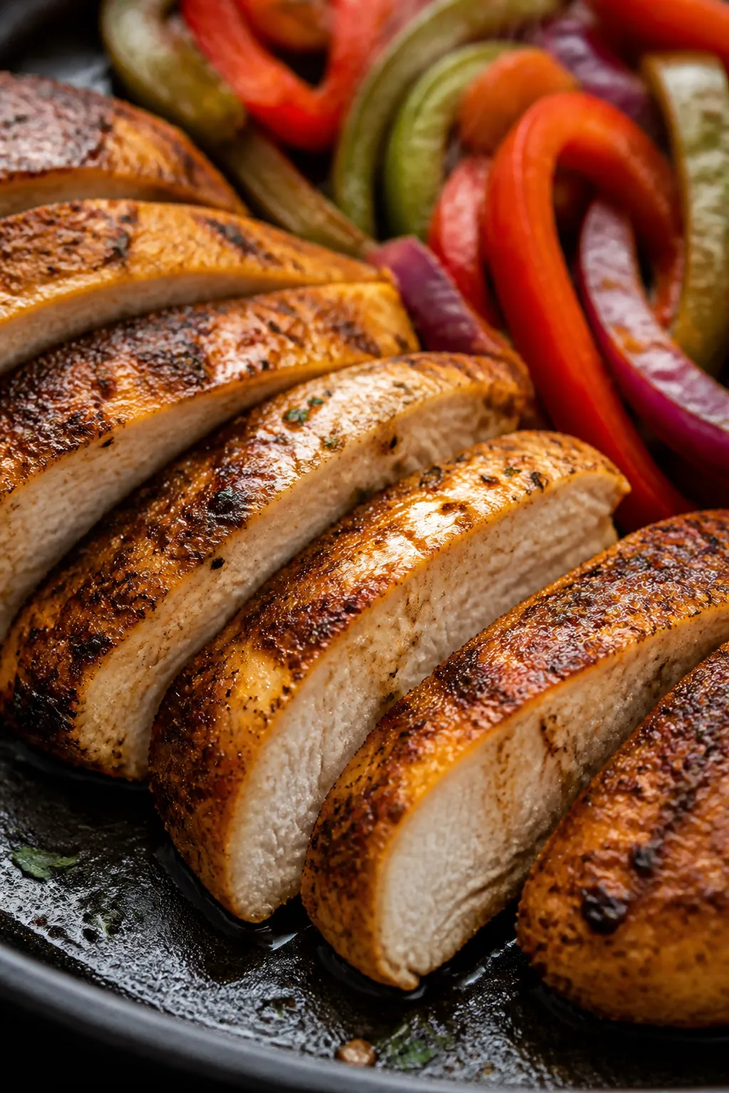 Close-up detail: Sliced, spice-rubbed chicken breast just after searing, lightly charred edges glist