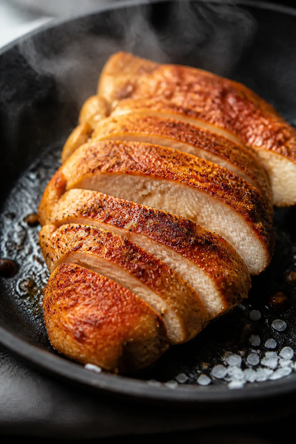 Close-up detail: Sliced, well-seasoned chicken breast being quickly warmed in a skillet, edges light