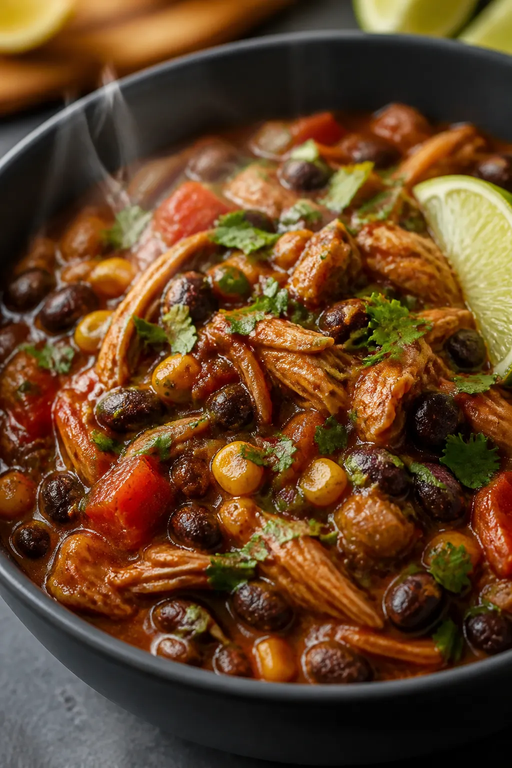 Close-up detail: Slow Cooker Black Bean Chicken Chili just after shredding the chicken and stirring