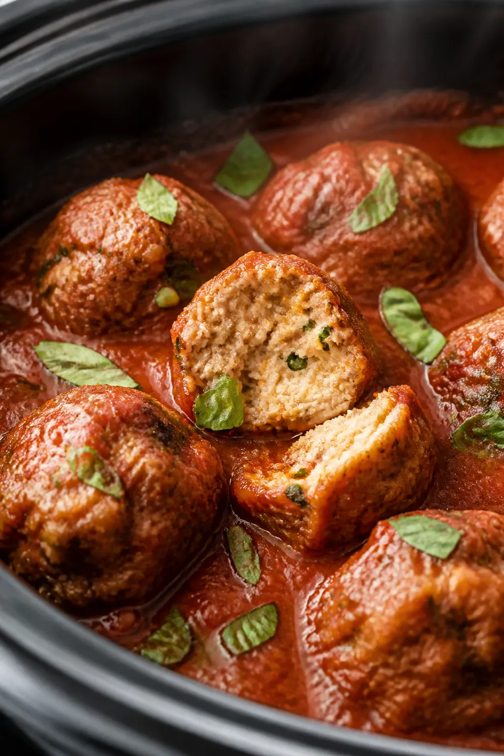 Close-up detail: Slow cooker turkey meatballs just finished simmering in marinara, half-submerged in