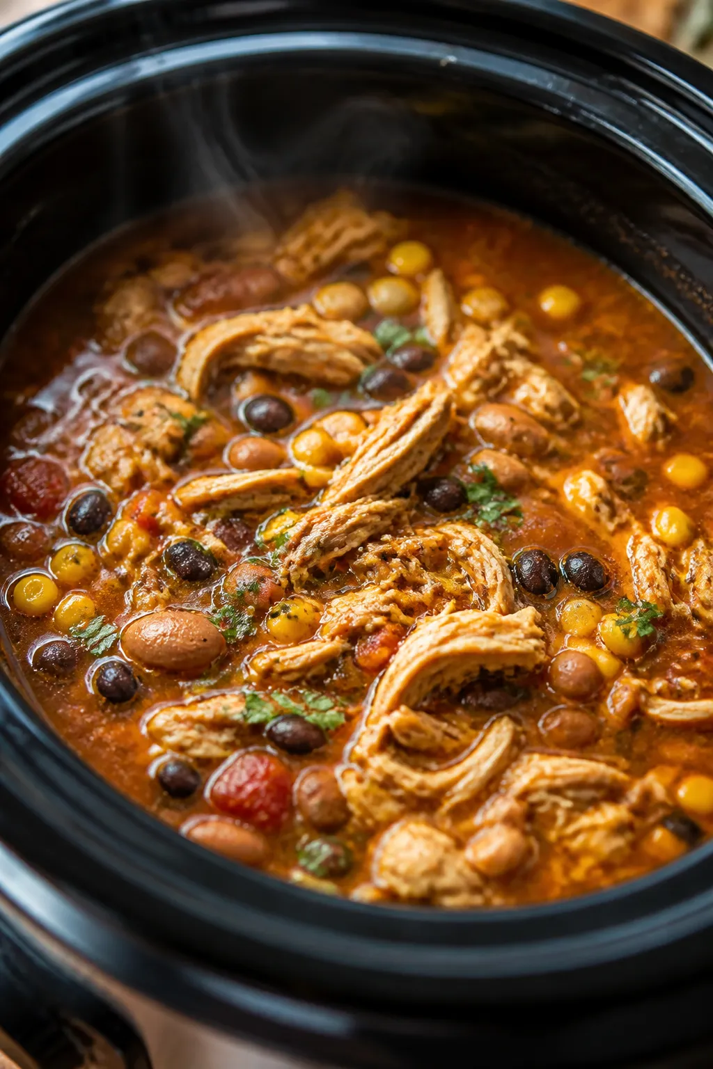 Close-up detail: Steaming slow cooker chicken taco soup right after shredding, tender strands of chi