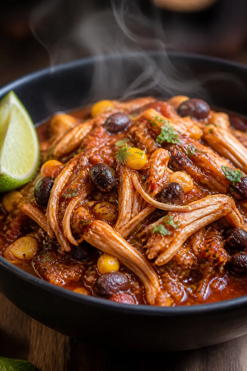 Close-up detail: Tender shredded chicken just pulled from the crockpot, glistening with rich tomato-