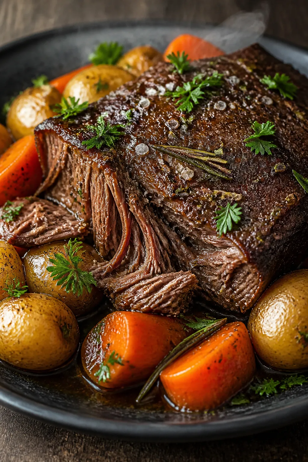 Close-up detail: Tender slices and shreds of slow-cooked chuck roast nestled among glossy baby potat