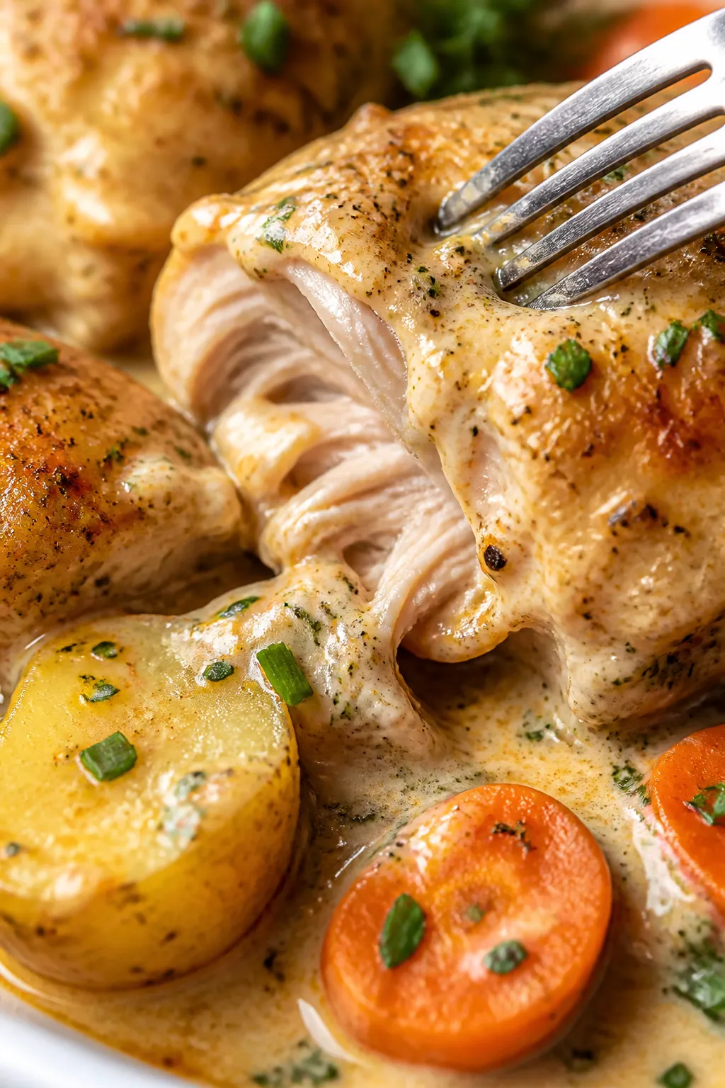 Close-up detail: Tight macro of a fork pulling apart juicy ranch chicken thigh, revealing moist, shr