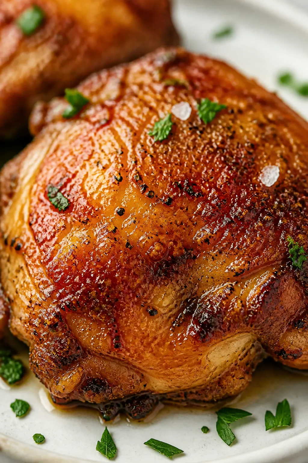 Close-up detail: Ultra-crispy baked chicken thigh skin, deep golden and blistered with visible crack