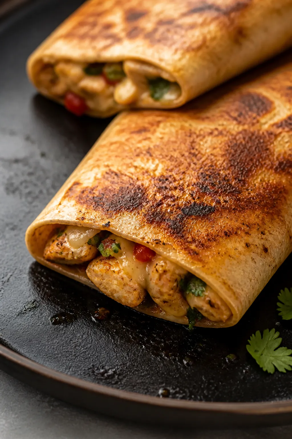 Close-up detail: Warmed, golden-toasted Southwest chicken wrap seared in a skillet, seam-side down, 