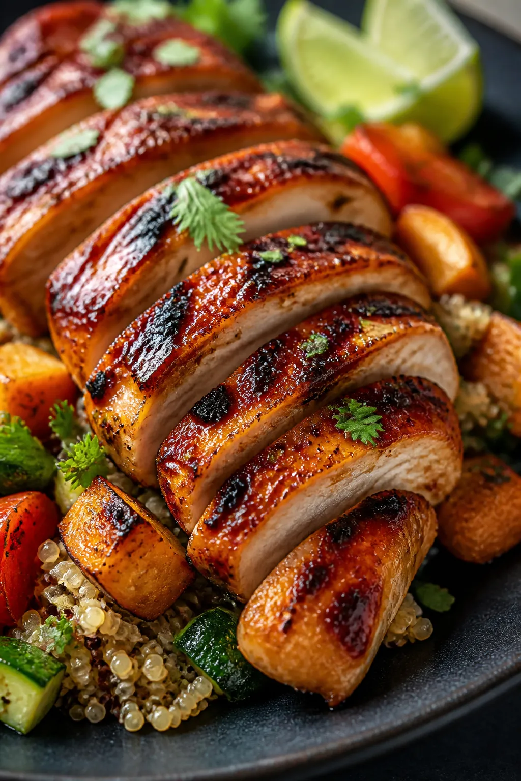 Close-up final dish: Tight macro of sliced BBQ chicken fanned over quinoa with roasted vegetable med