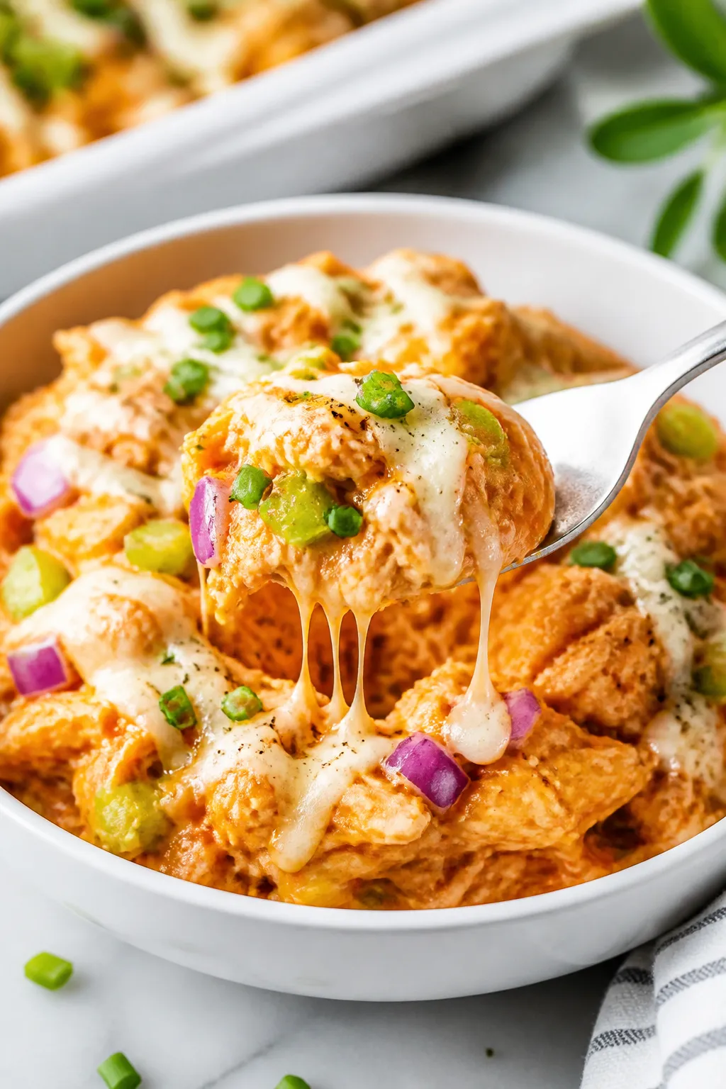 Close-up final plate: Spoonful-served portion of Healthy Buffalo Chicken Casserole in a shallow whit