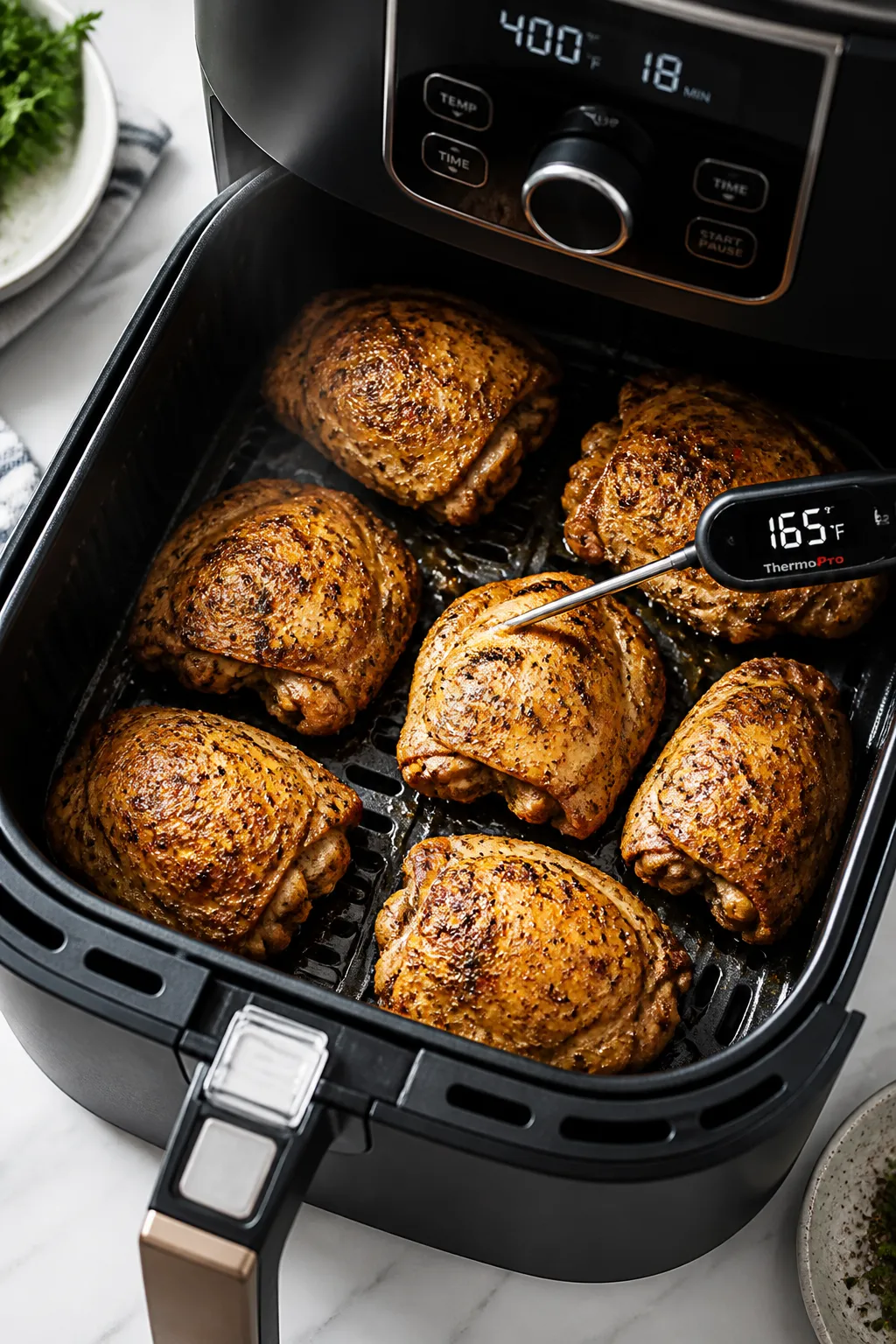 Cooking process: Air fryer basket pulled open mid-cook showing golden chicken thighs arranged in a s