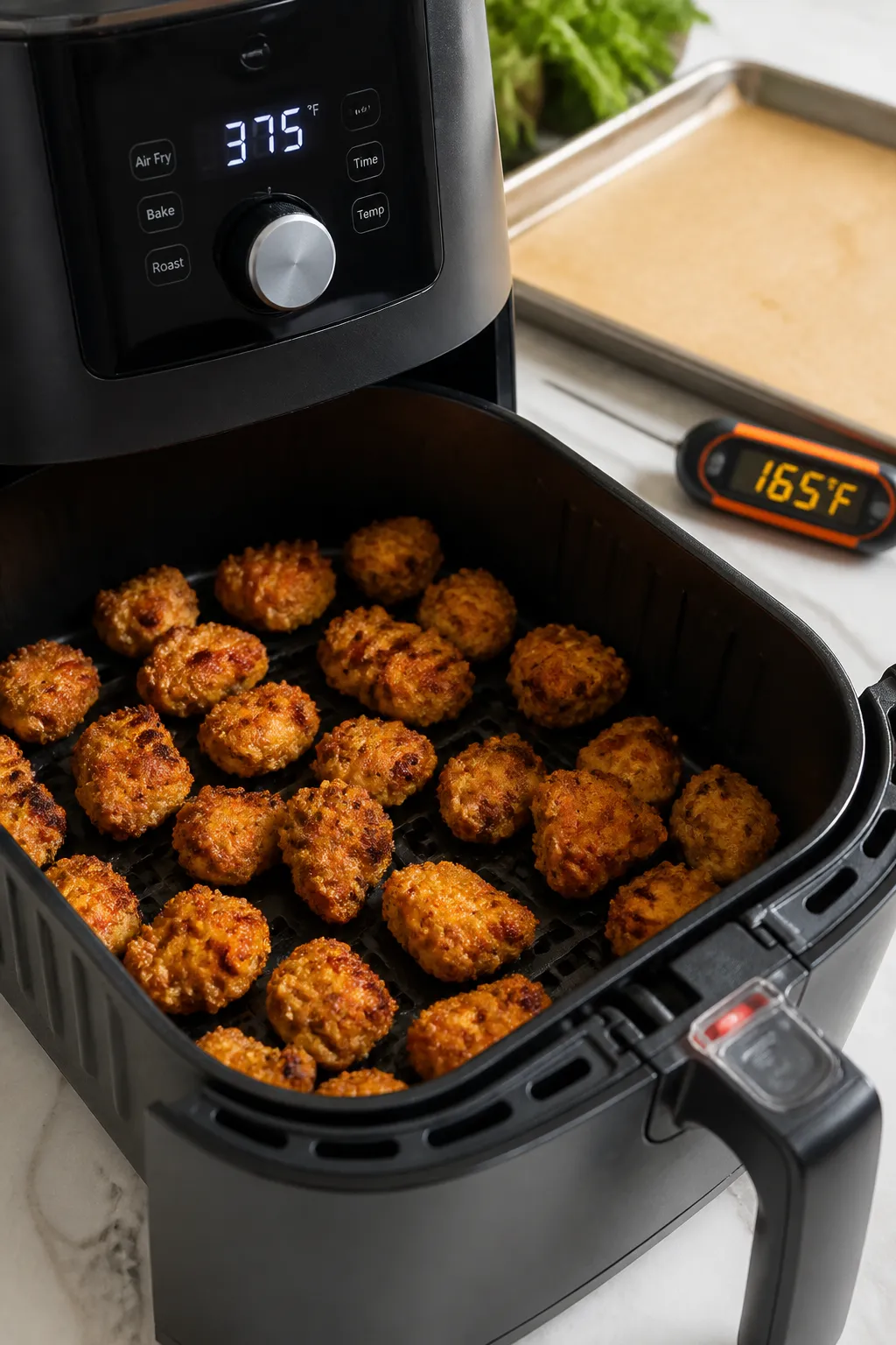 Cooking process: Air fryer basket pulled open mid-cook showing an even single layer of cornstarch-co