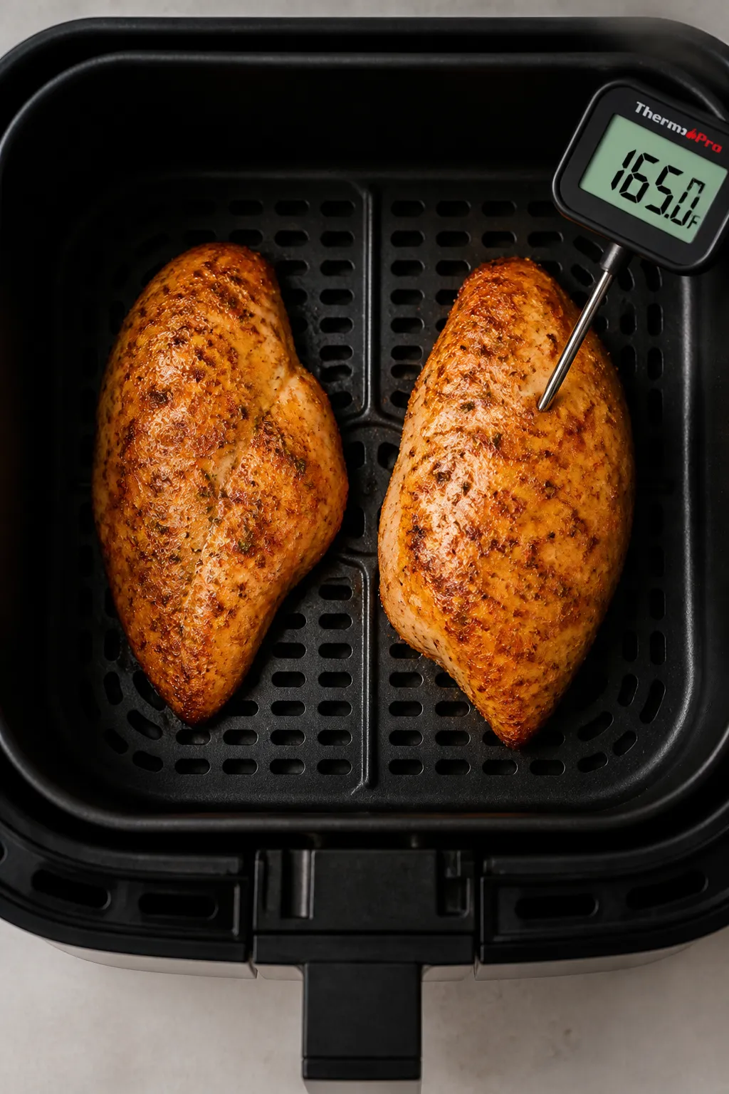 Cooking process: Air fryer basket shot mid-cook, overhead view of two evenly spaced chicken breasts 