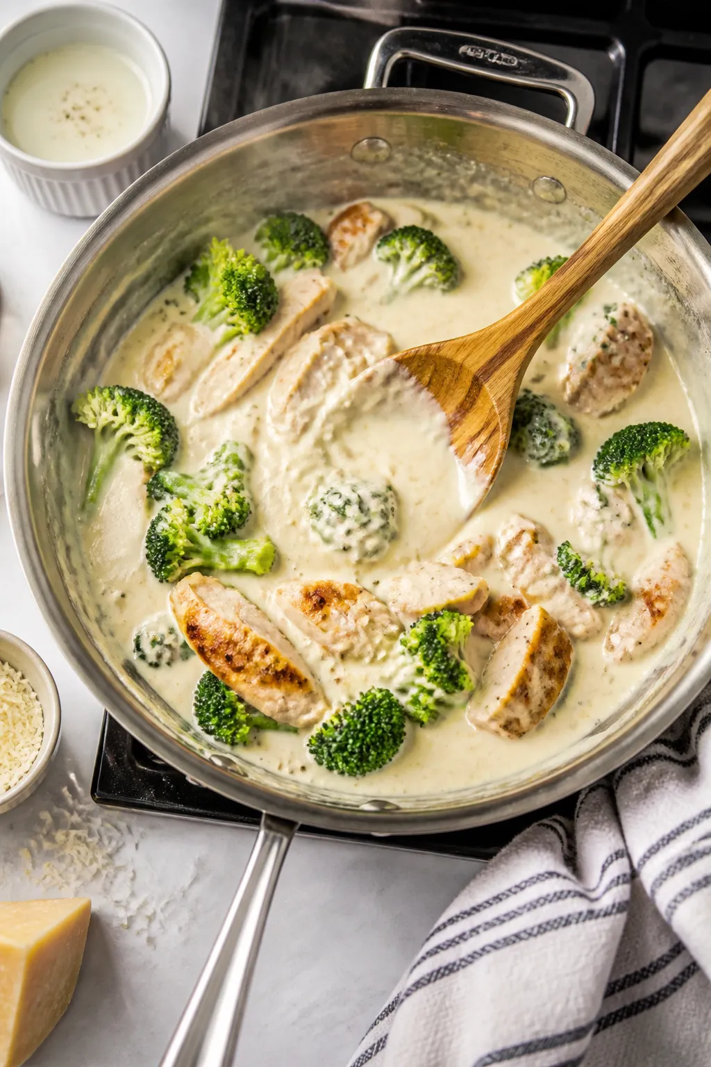 Cooking process: Alfredo sauce being finished in a stainless skillet—Parmesan added gradually and