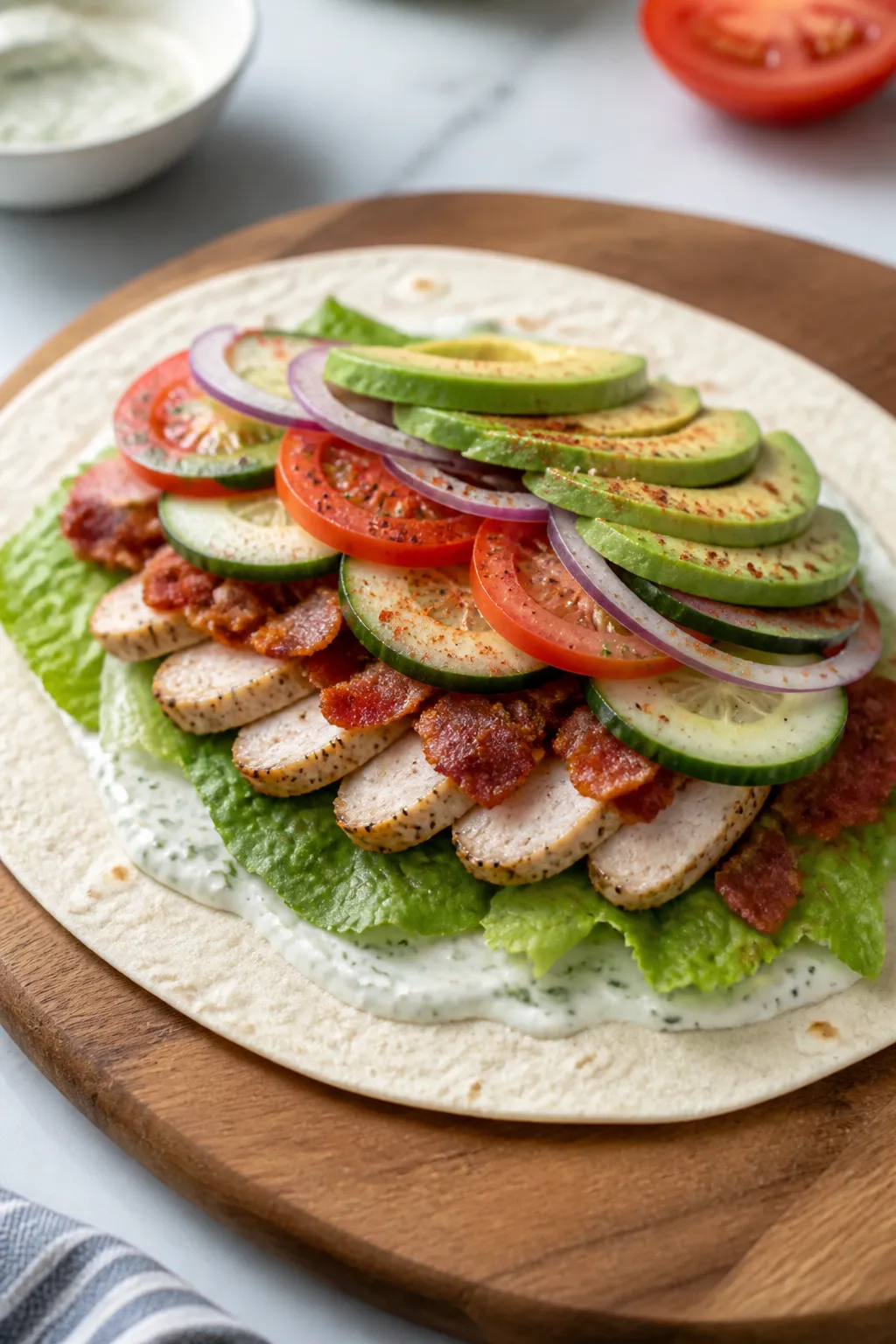 Cooking process: An in-progress wrap assembly scene from a 45-degree angle showing a pliable high-pr