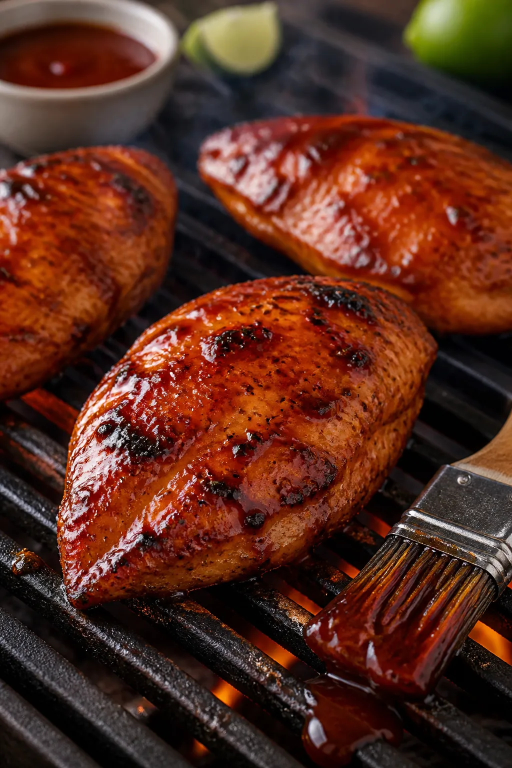 Cooking process – BBQ-glazed chicken on the grill: Close-up of juicy chicken breasts on a medium-h