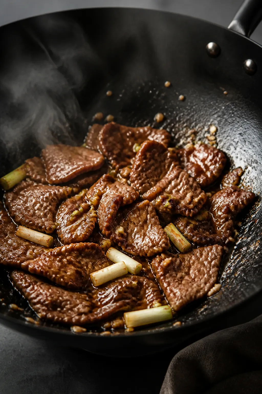 Cooking process – beef sear in wok: Close-up of thinly sliced marinated flank steak sizzling in a 