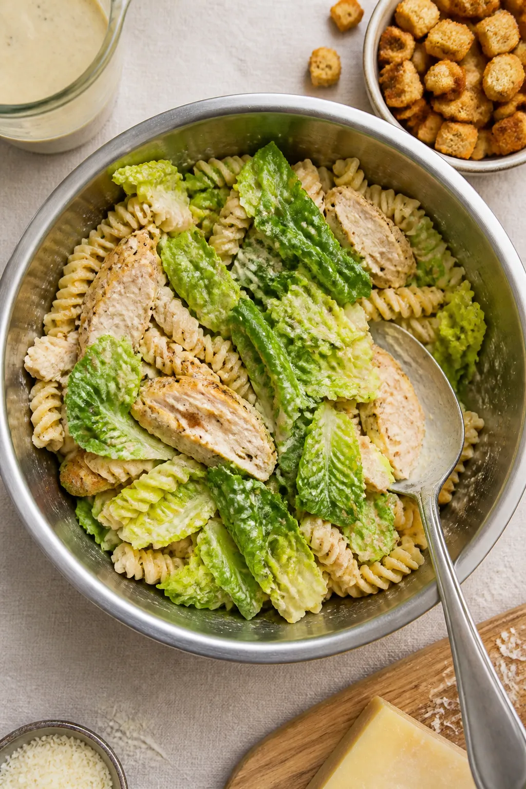 Cooking process: Chicken Caesar Pasta Salad being tossed in a large stainless mixing bowl—cooled p