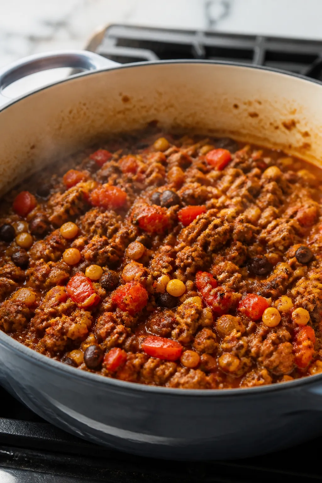 Cooking process close-up: A deep 12-inch enameled skillet on the stove with ground turkey crumbles s
