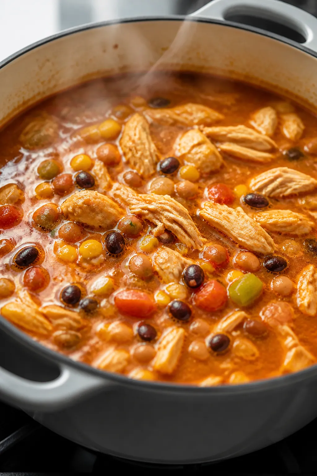 Cooking process close-up: A Dutch oven on the stovetop with the taco-scented soup gently simmering;