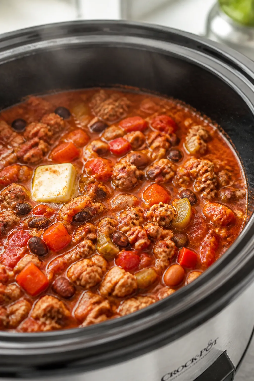 Cooking process close-up: A steaming slow cooker filled with simmering Buffalo Turkey Chili, showing
