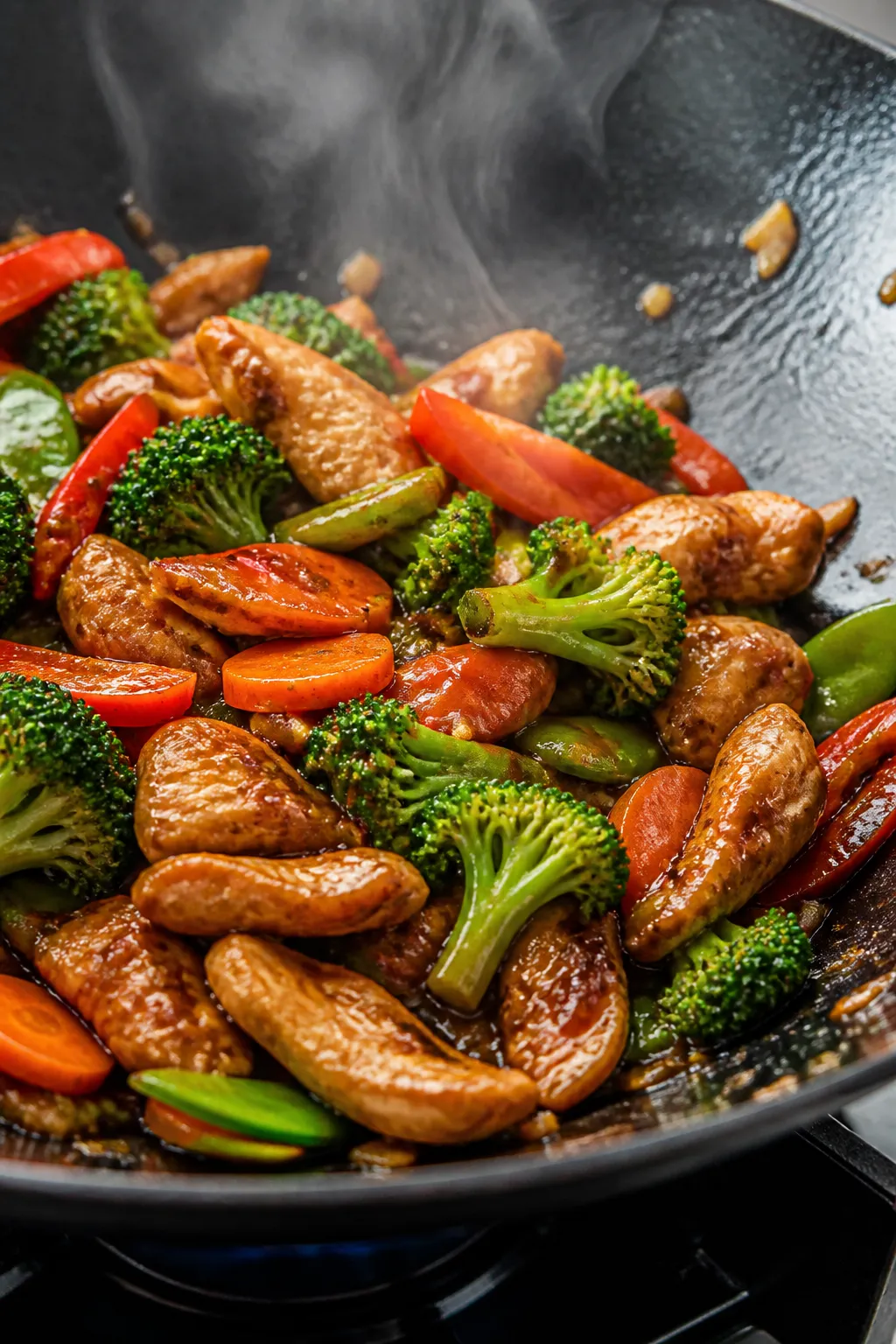 Cooking process, close-up action: Sizzling chicken stir fry in a carbon steel wok over high heat, th
