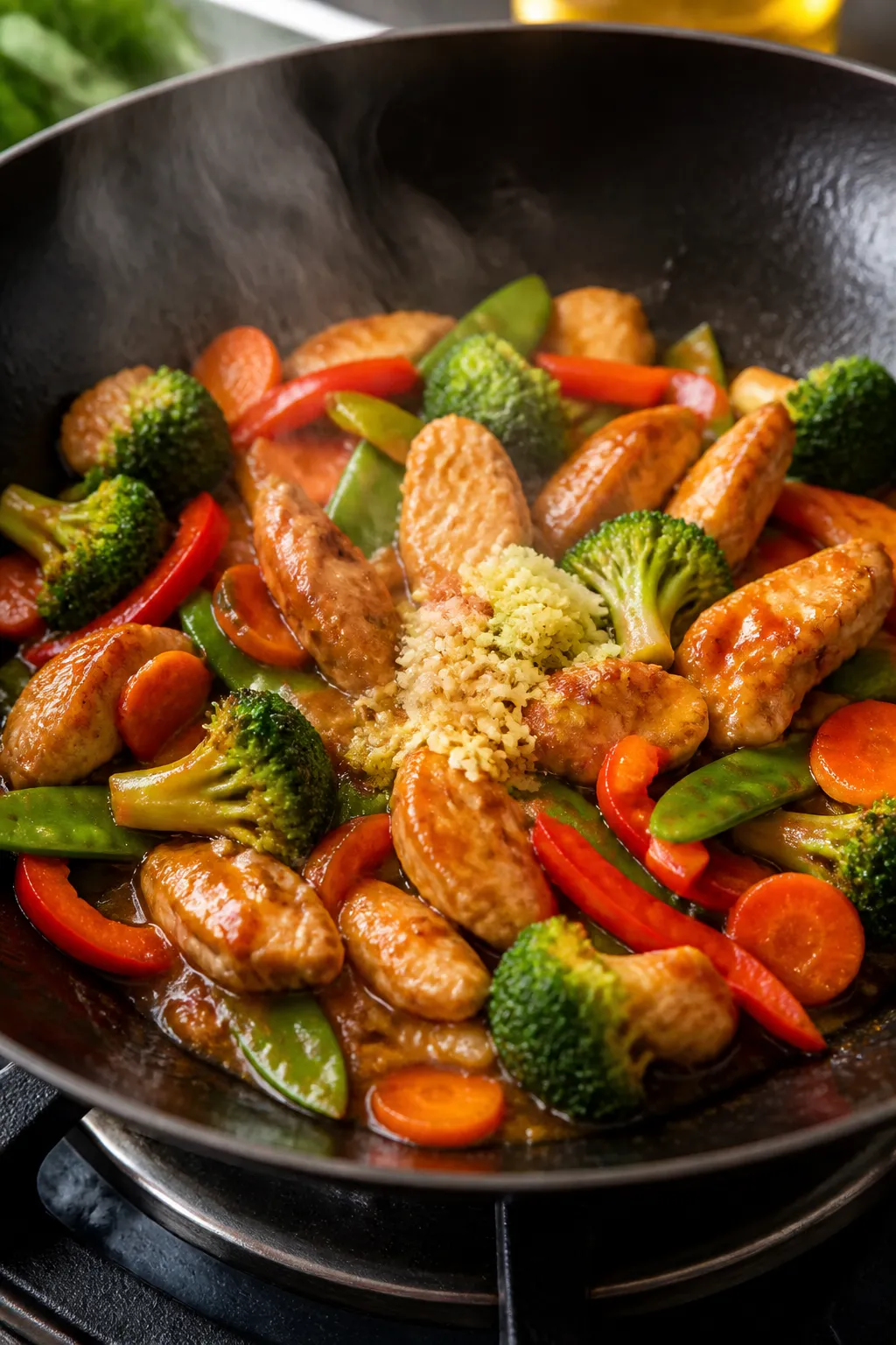 Cooking process, close-up action: Sizzling garlic chicken stir-fry in a hot wok, chicken strips with