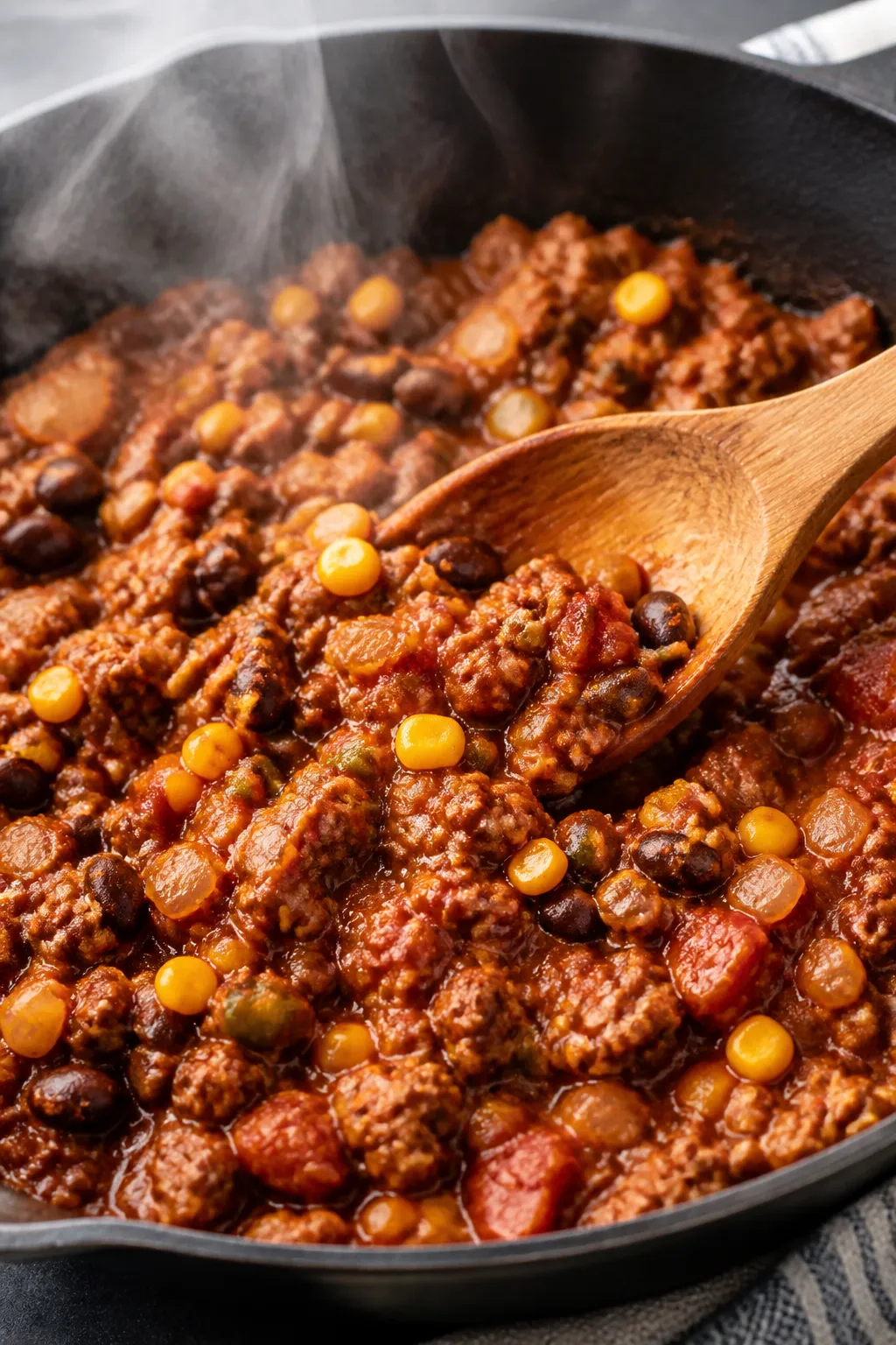 Cooking process close-up: Beef enchilada filling sizzling in a skillet just after browning, showing 
