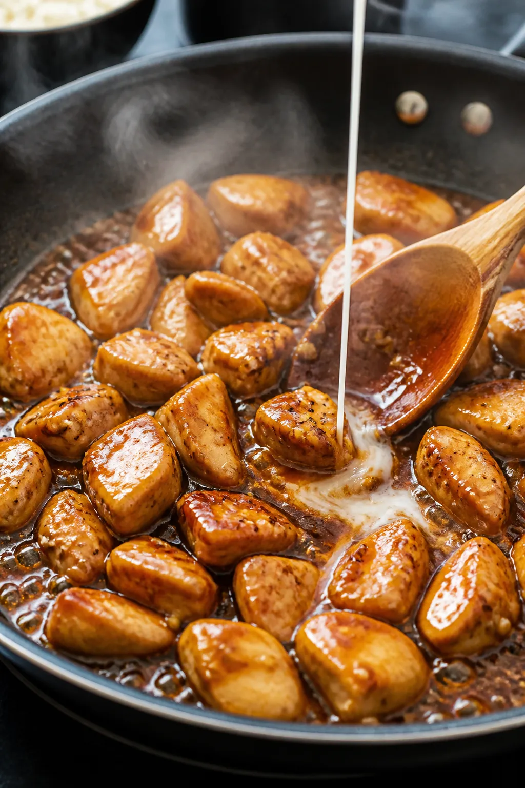 Cooking process close-up: Bite-size chicken breast sizzling in a large skillet over medium-high heat