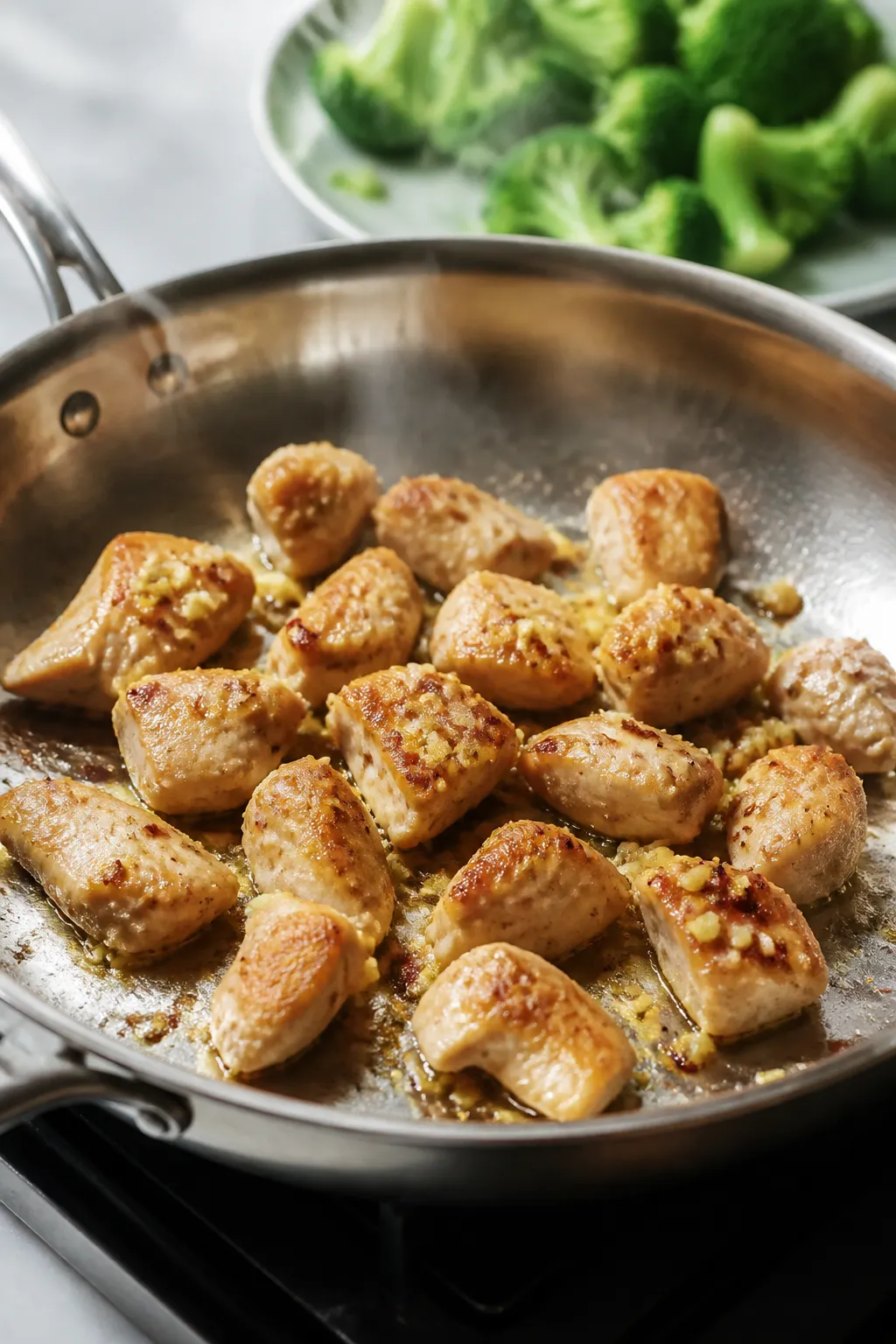 Cooking process close-up: Bite-size chicken breast pieces browning in a wide stainless-steel skillet