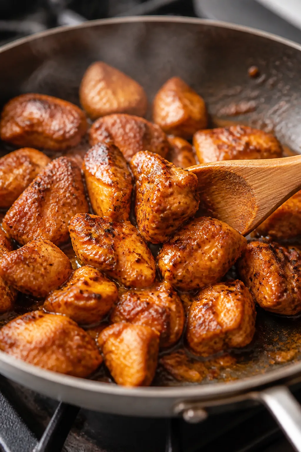 Cooking process close-up: Bite-sized chicken searing in a large skillet, golden-brown edges with vis