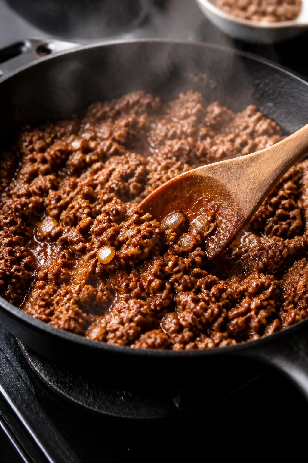 Cooking process close-up: Crumbled ground beef sizzling in a cast-iron skillet, fully browned and gl
