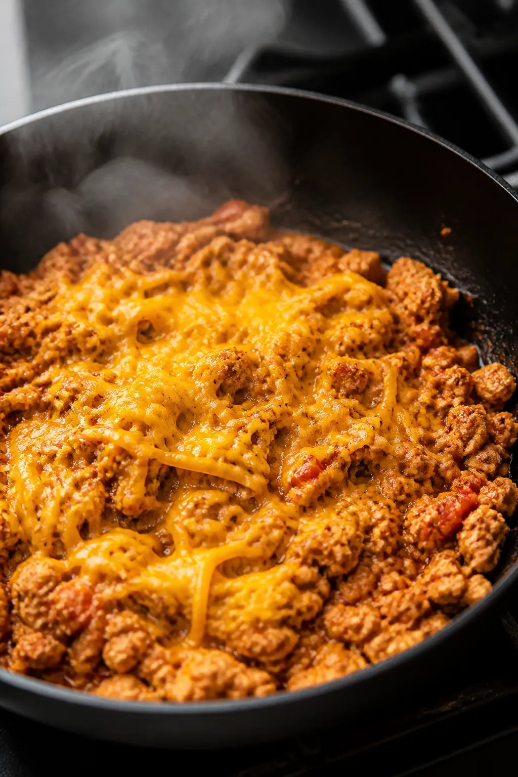 Cooking process close-up: Crumbled seasoned ground chicken sizzling in a large skillet, edges browne
