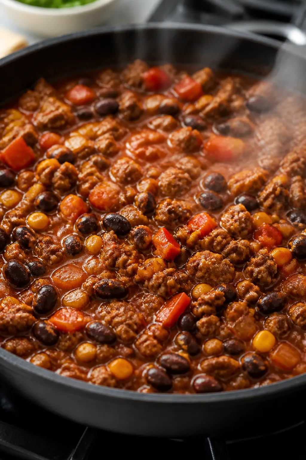 Cooking process, close-up detail: A large black skillet on the stove with ground turkey just browned
