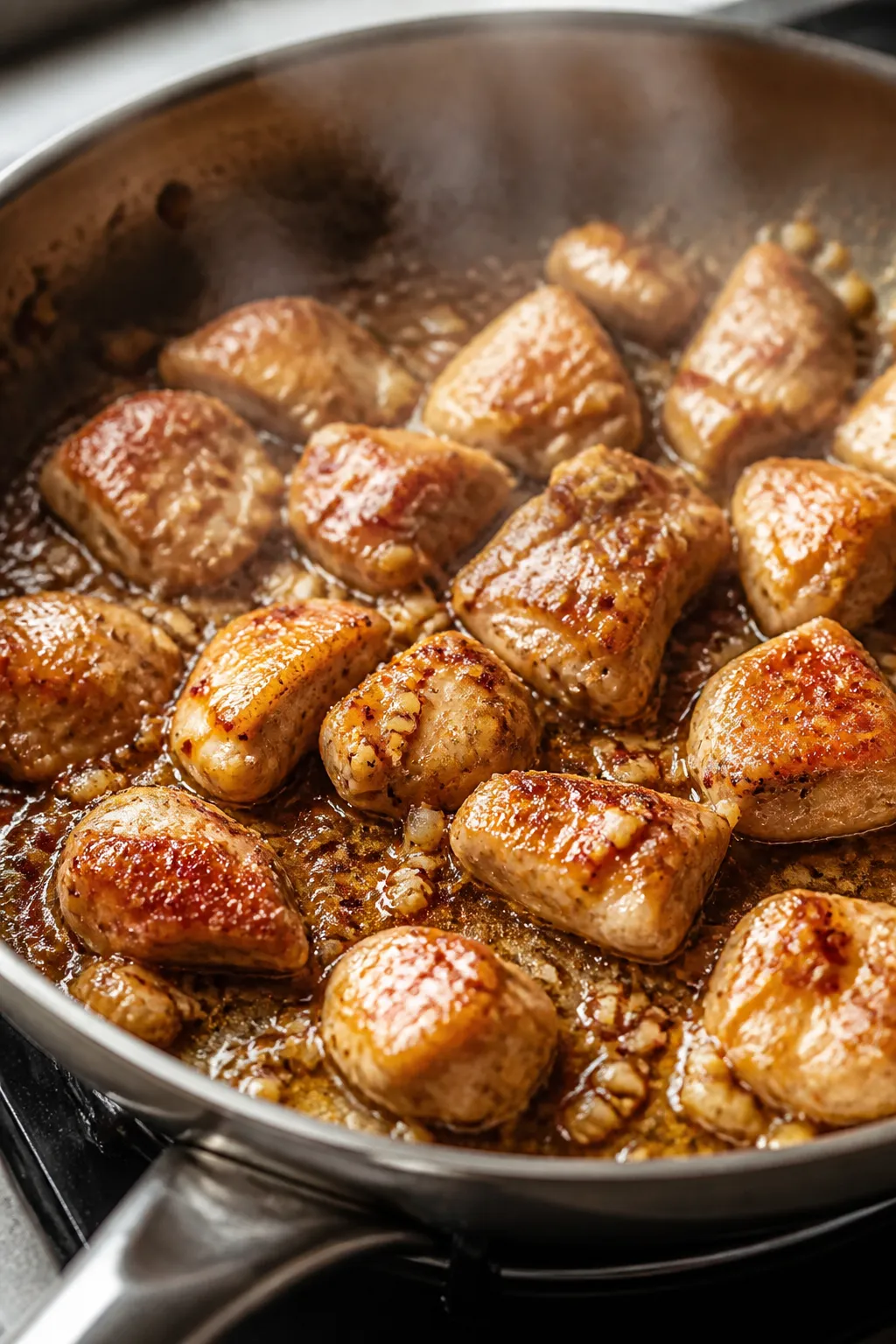 Cooking process, close-up detail: Bite-sized chicken thighs sizzling in a wide stainless skillet, go