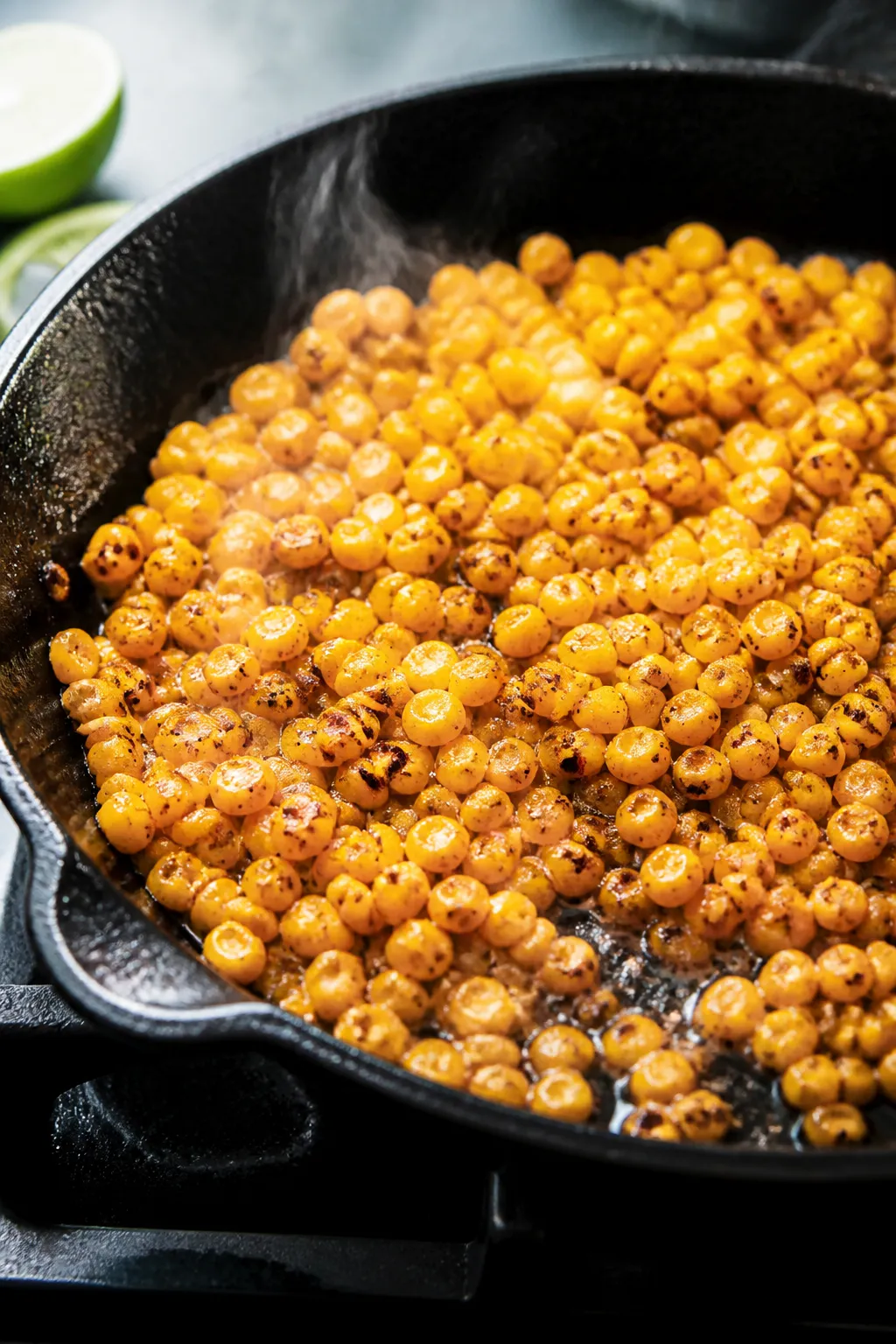 Cooking process, close-up detail: Charred street corn sizzling in a black cast-iron skillet, kernels