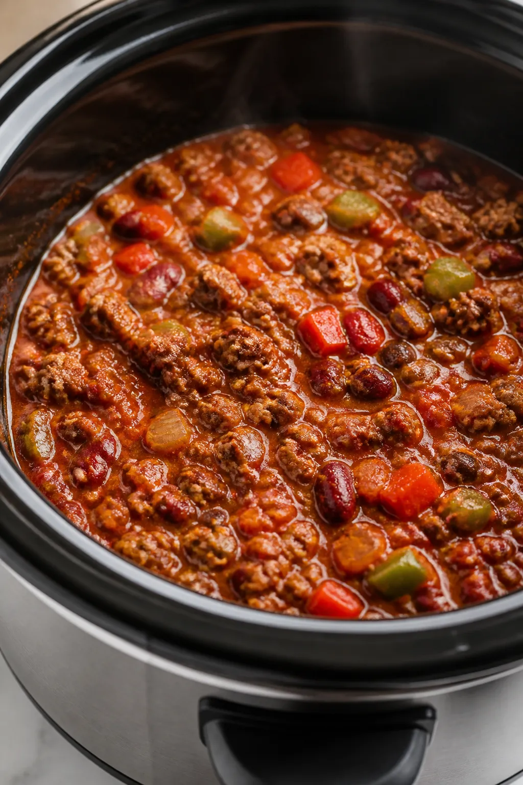 Cooking process, close-up detail: Close-up of simmering slow cooker turkey chili mid-cook, showing g