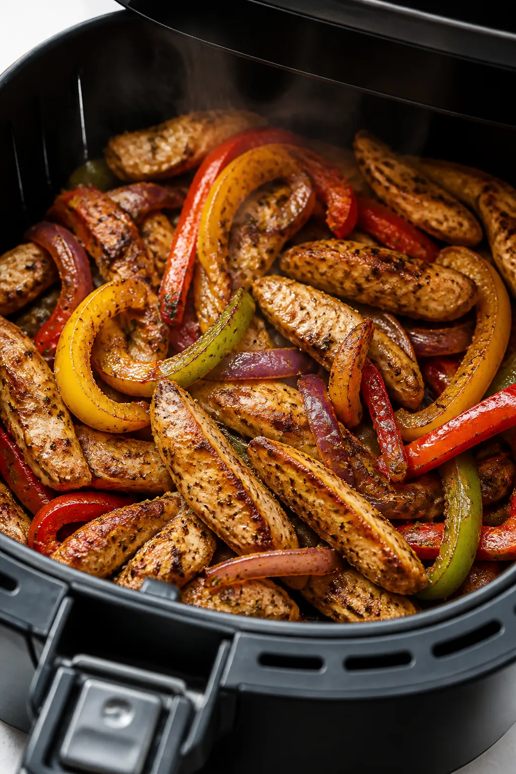 Cooking process, close-up detail: Close-up of sizzling air fryer chicken fajitas mid-cook in the ope
