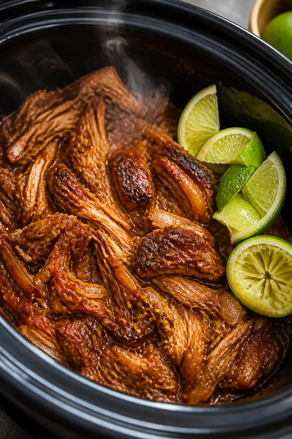Cooking process, close-up detail: Fall-apart shredded pork just returned to the crockpot, glistening