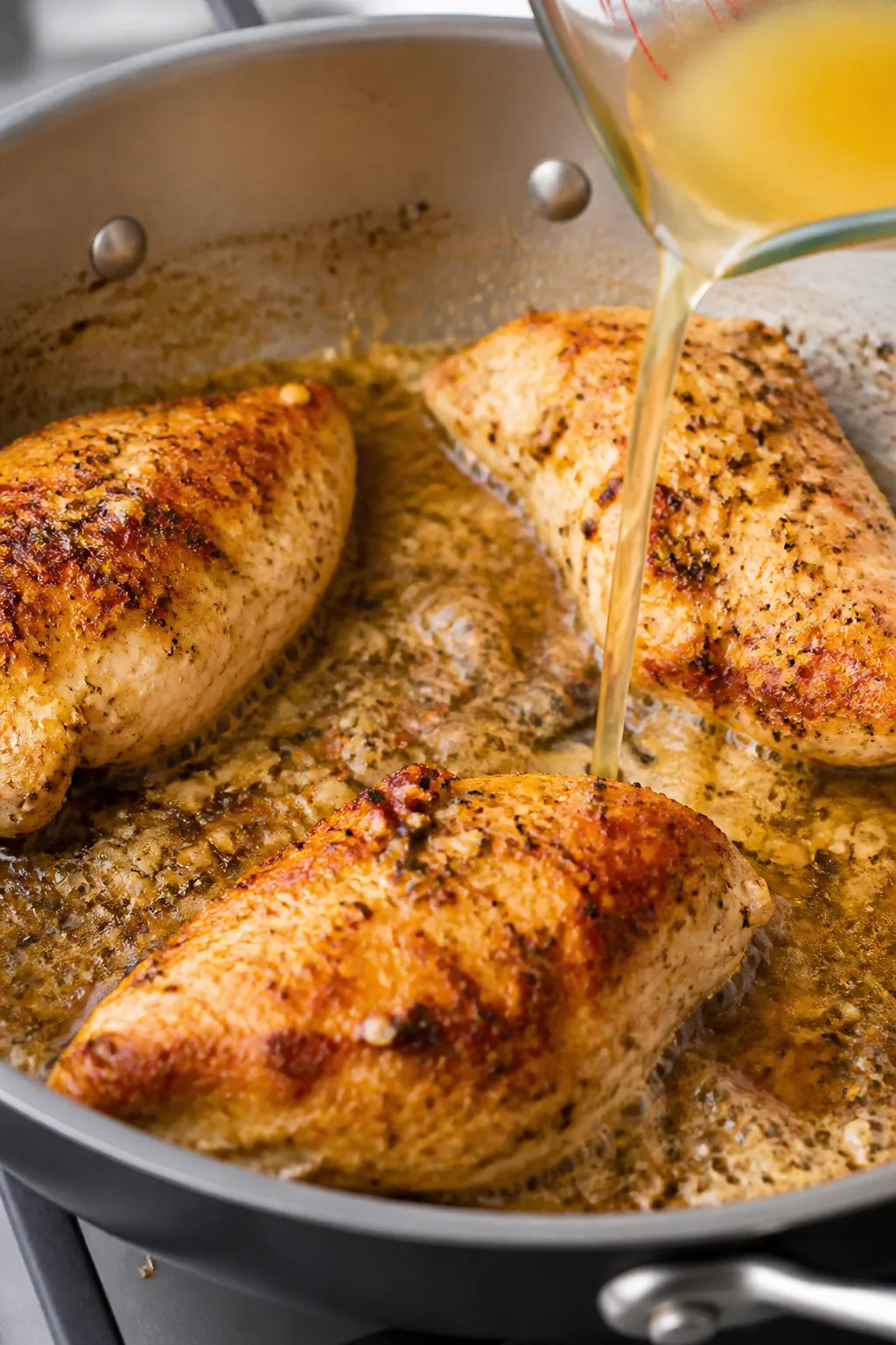 Cooking process, close-up detail: Golden-browned chicken breast pieces sizzling in a large skillet a
