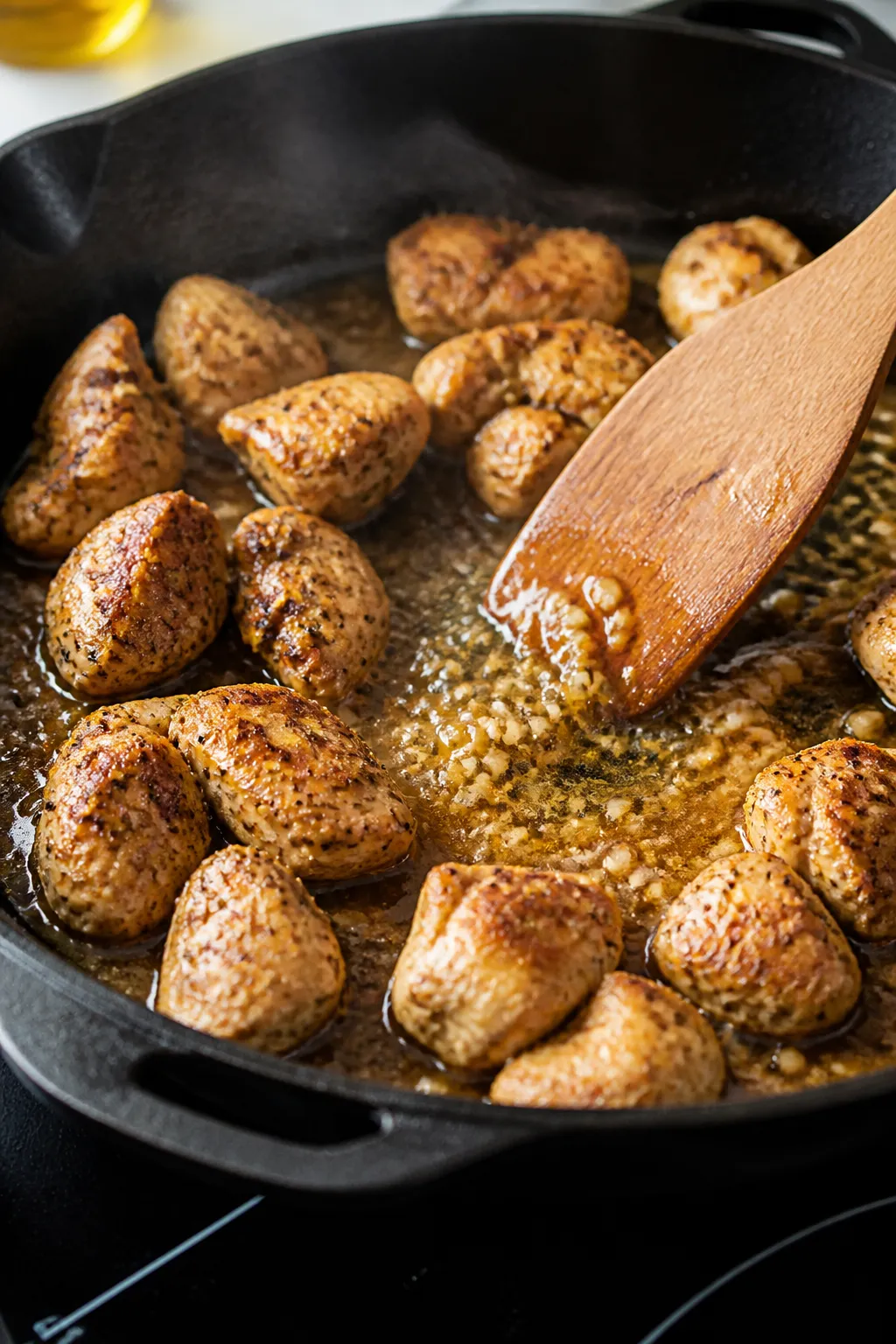 Cooking process, close-up detail: Golden-browned chicken bites sizzling in a skillet as butter melts