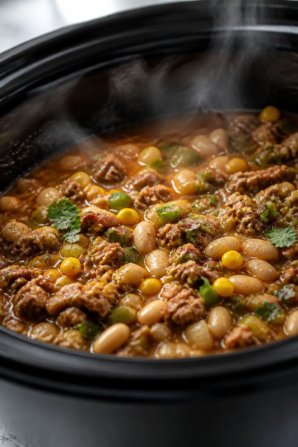 Cooking process, close-up detail: Golden-browned ground turkey crumbles simmering in a slow cooker w