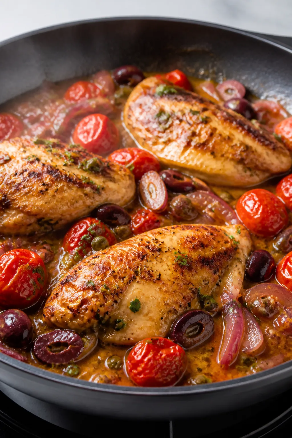 Cooking process, close-up detail: Golden-seared chicken breasts nestled in a skillet as the tomato-o