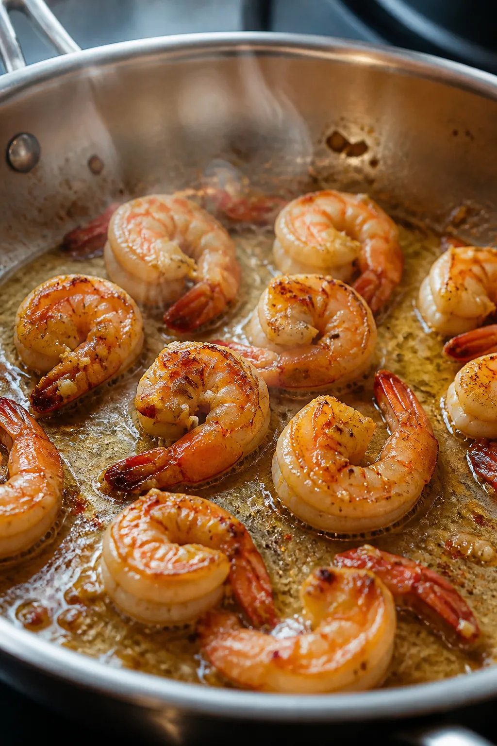 Cooking process, close-up detail: Golden-seared shrimp sizzling in a shallow pool of lemon-garlic bu