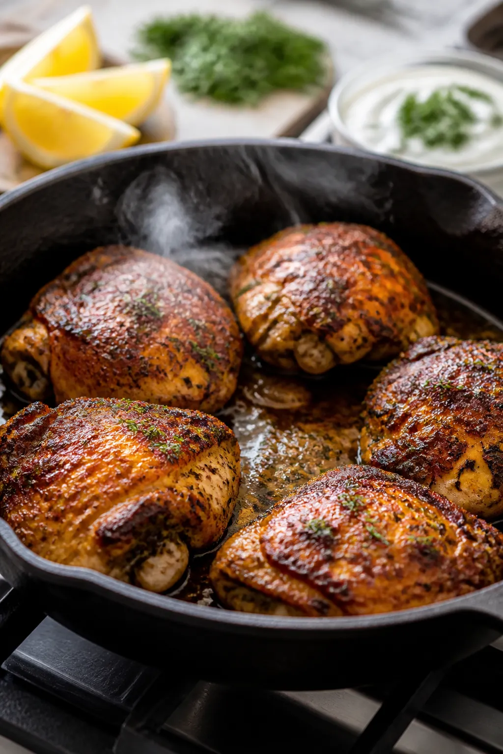 Cooking process, close-up detail: Juicy Greek-marinated chicken thighs sizzling in a cast-iron skill