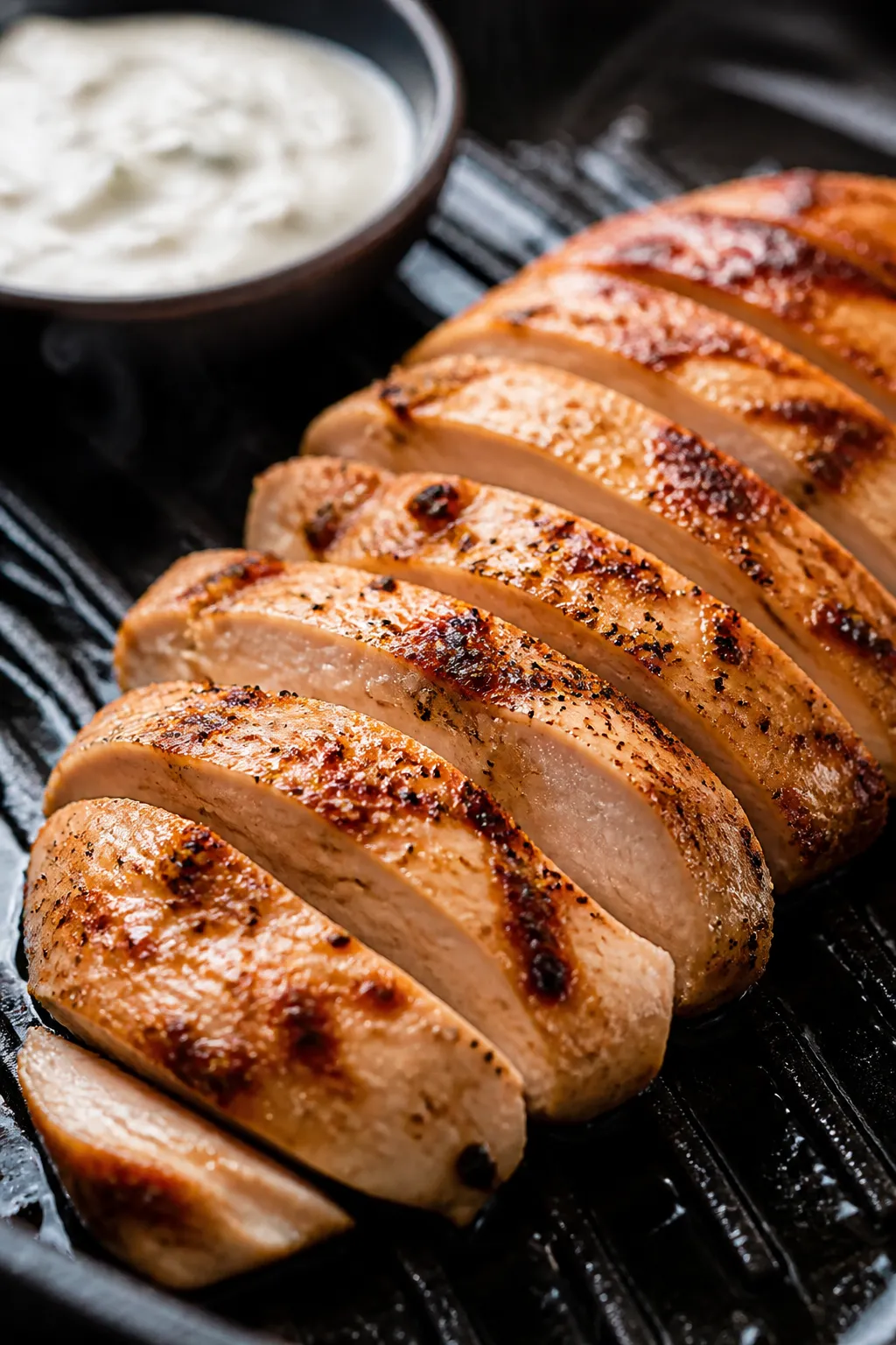 Cooking process, close-up detail: Juicy sliced grilled chicken breast just off the grill, glistening