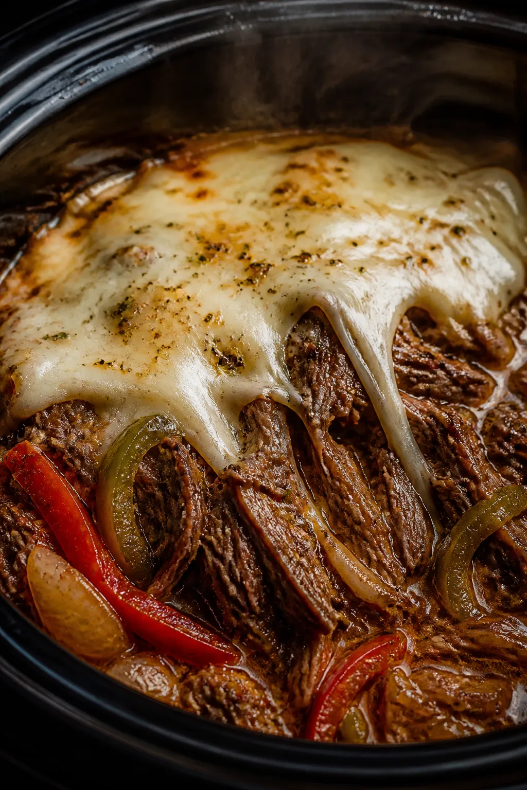 Cooking process, close-up detail: Melted provolone blanket just turning glossy and gooey over fork-t