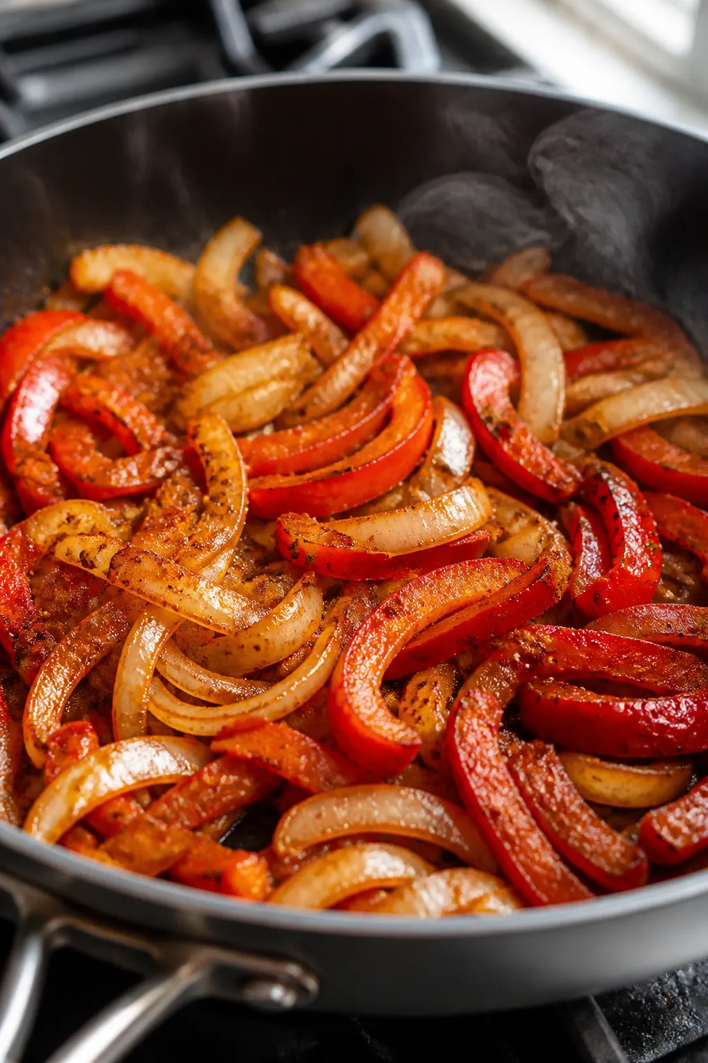 Cooking process, close-up detail: Sautéed onion and red bell pepper softening in a wide skillet, sp