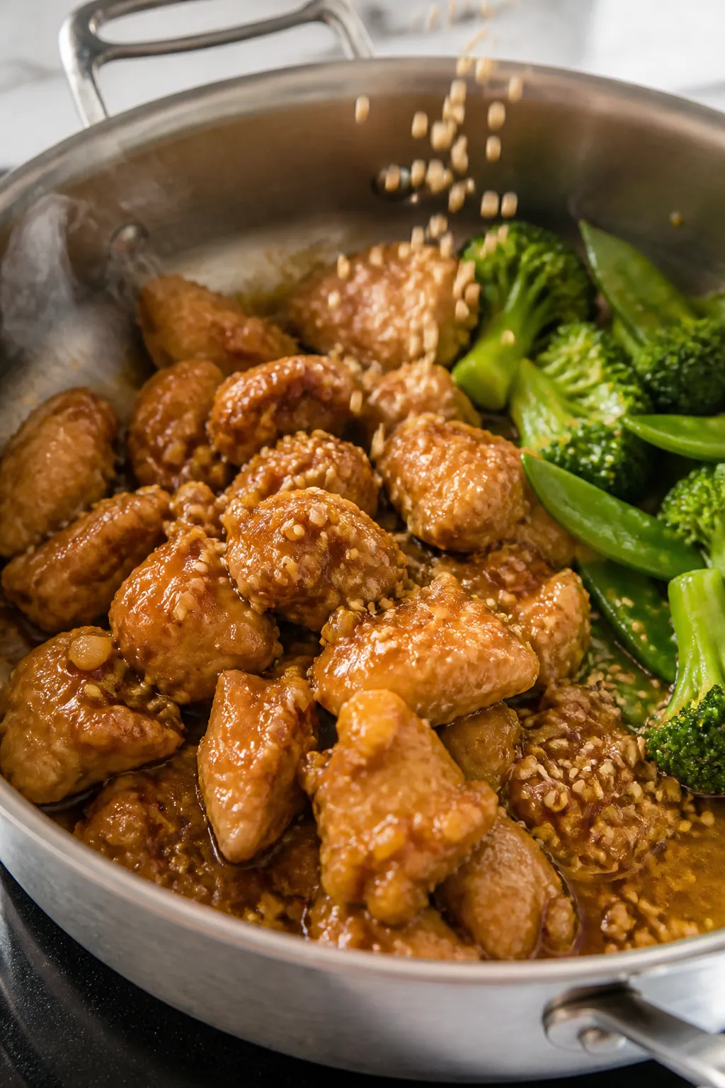 Cooking process, close-up detail: Sautéed sesame chicken pieces in a large stainless skillet mid-co