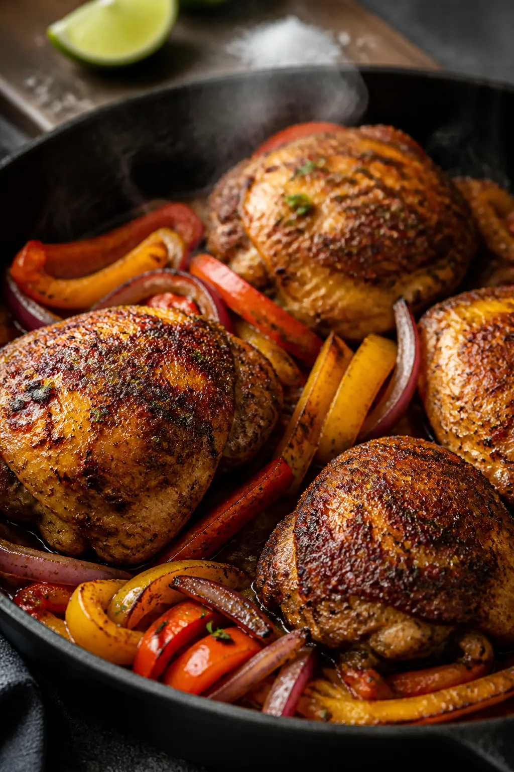 Cooking process, close-up detail: Seared chicken thigh pieces in a cast-iron skillet, browned and gl